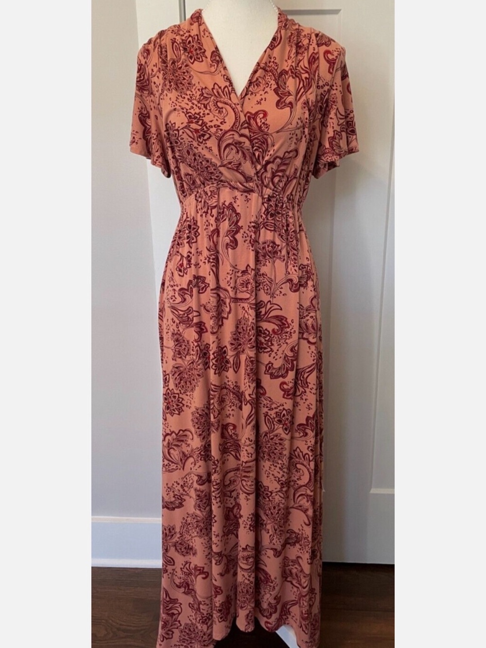 Peach and Burgundy Paisley Maxi Dress with V-Neck